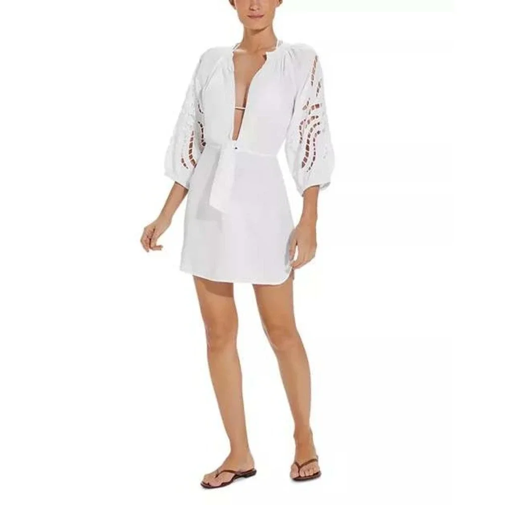 ViX Paula Hermanny White Eyelet Tie Beach Swim Coverup Dress Womens S/M. New